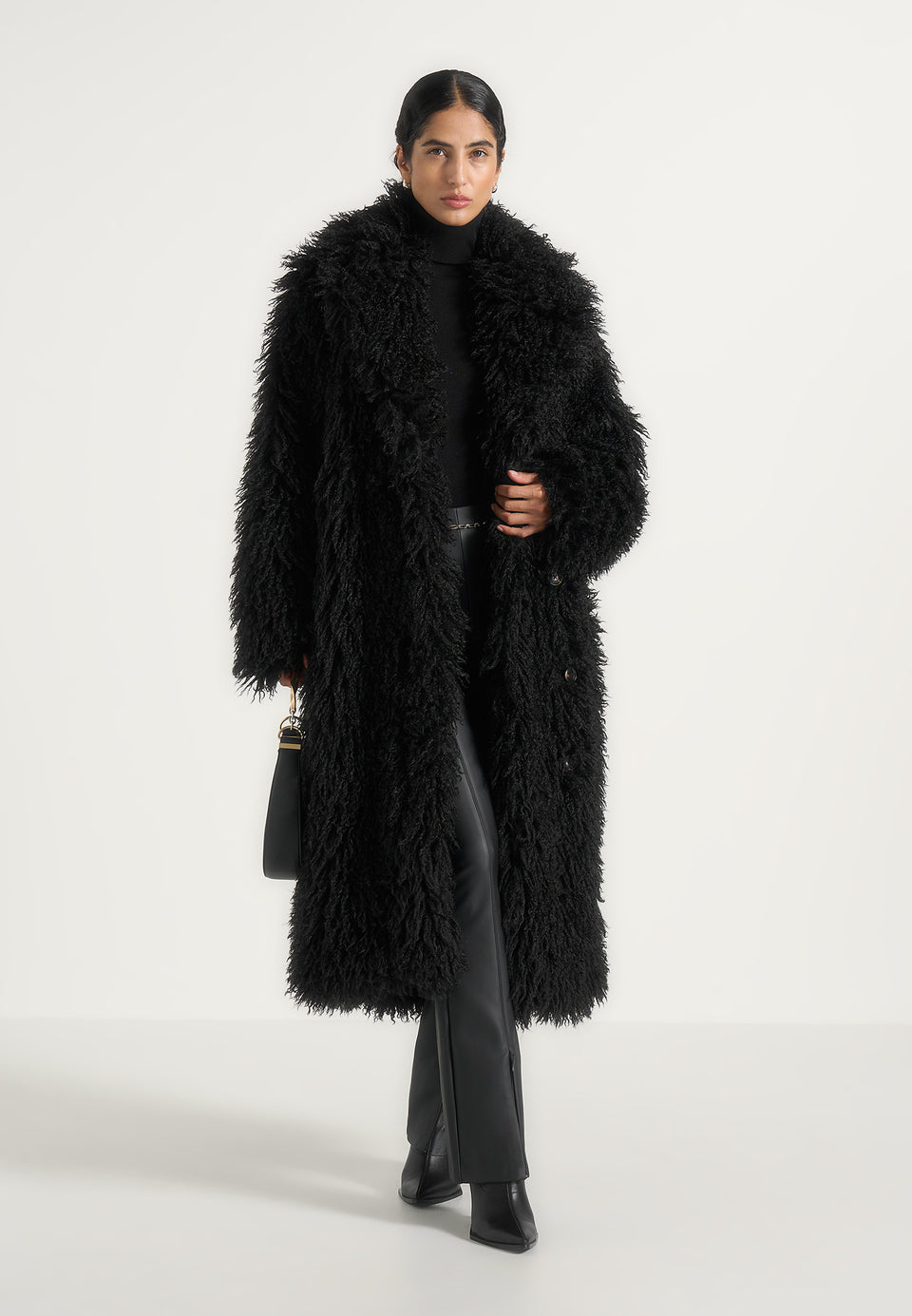 Bria - Oversized Mongolian Fur Coat With Belt - Black