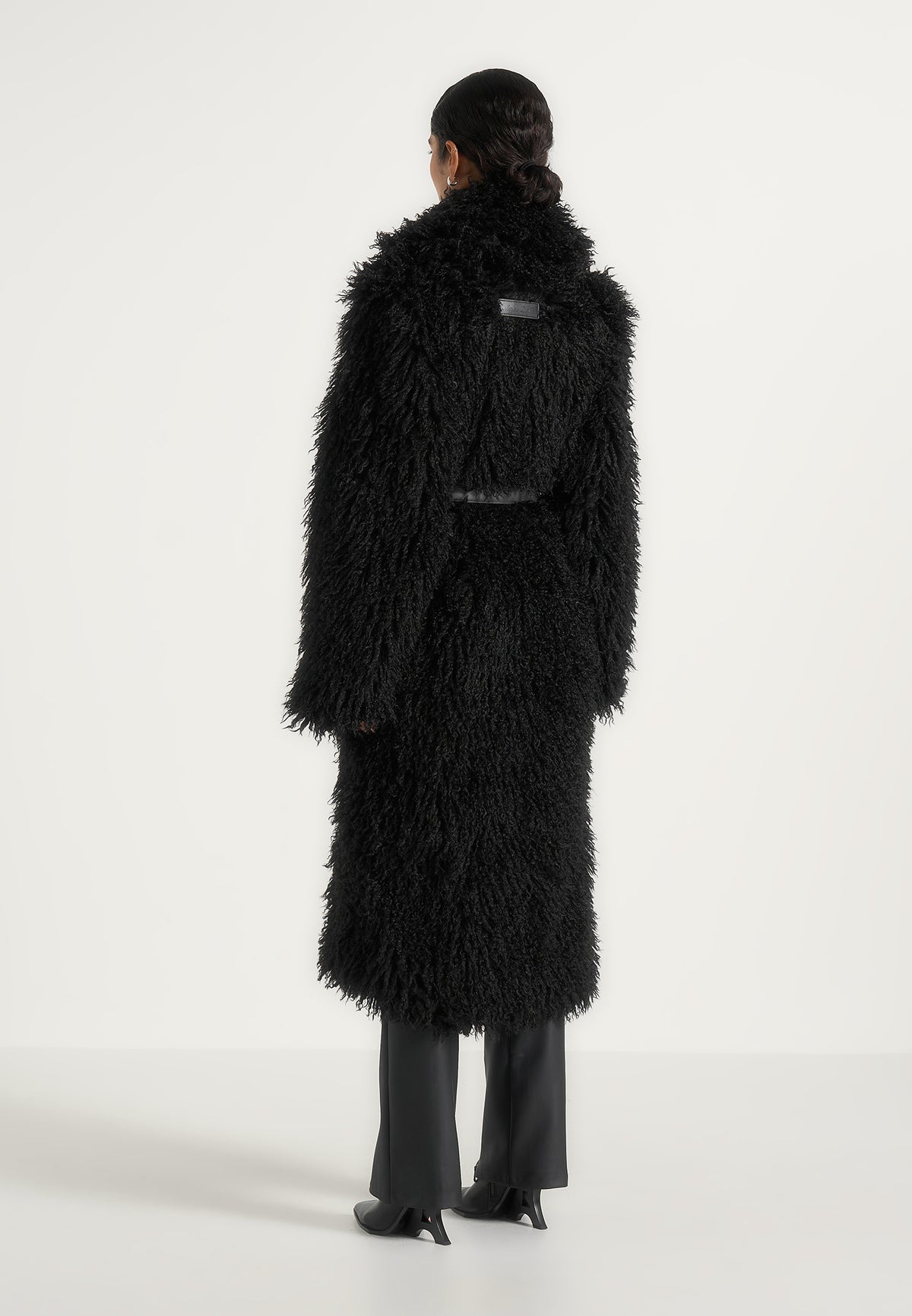 Bria - Oversized Mongolian Fur Coat With Belt - Black