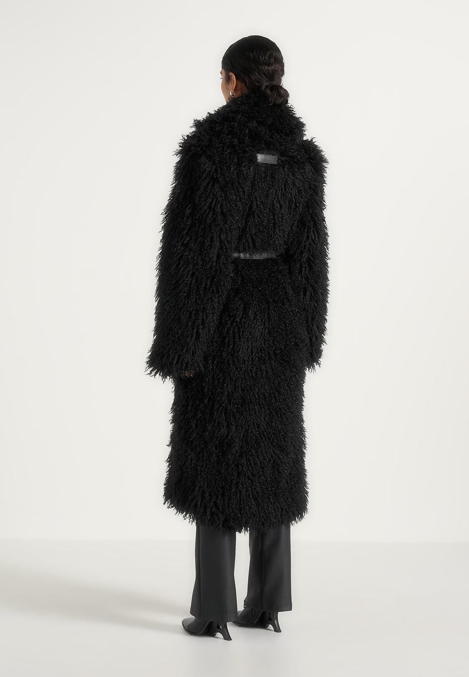 Bria - Oversized Mongolian Fur Coat With Belt - Black