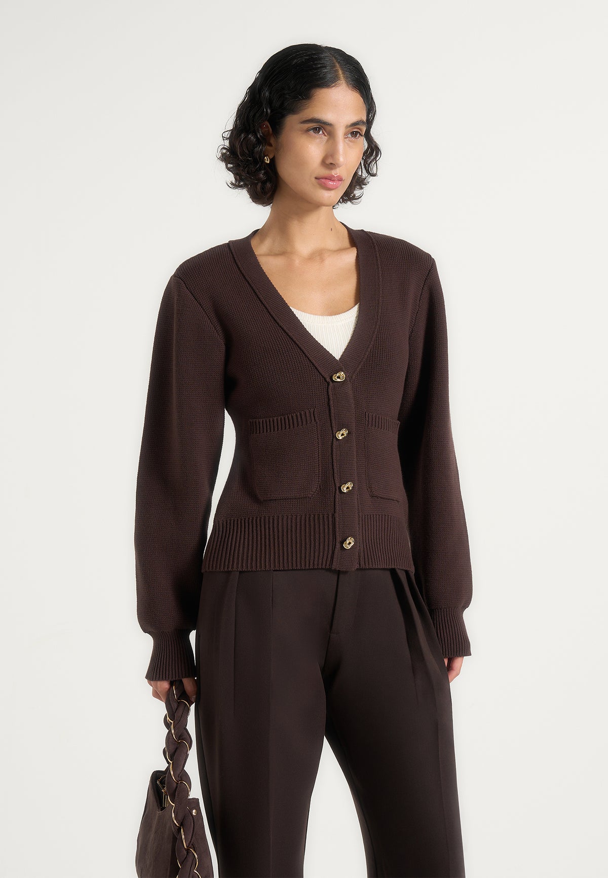 Tessa - Cinched Waist Cotton Cardigan - Brown