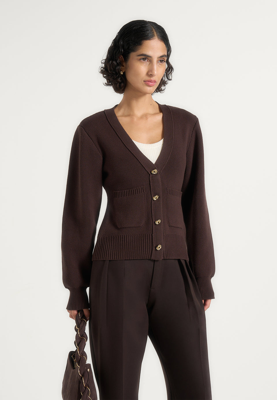 Tessa - Cinched Waist Cotton Cardigan - Brown