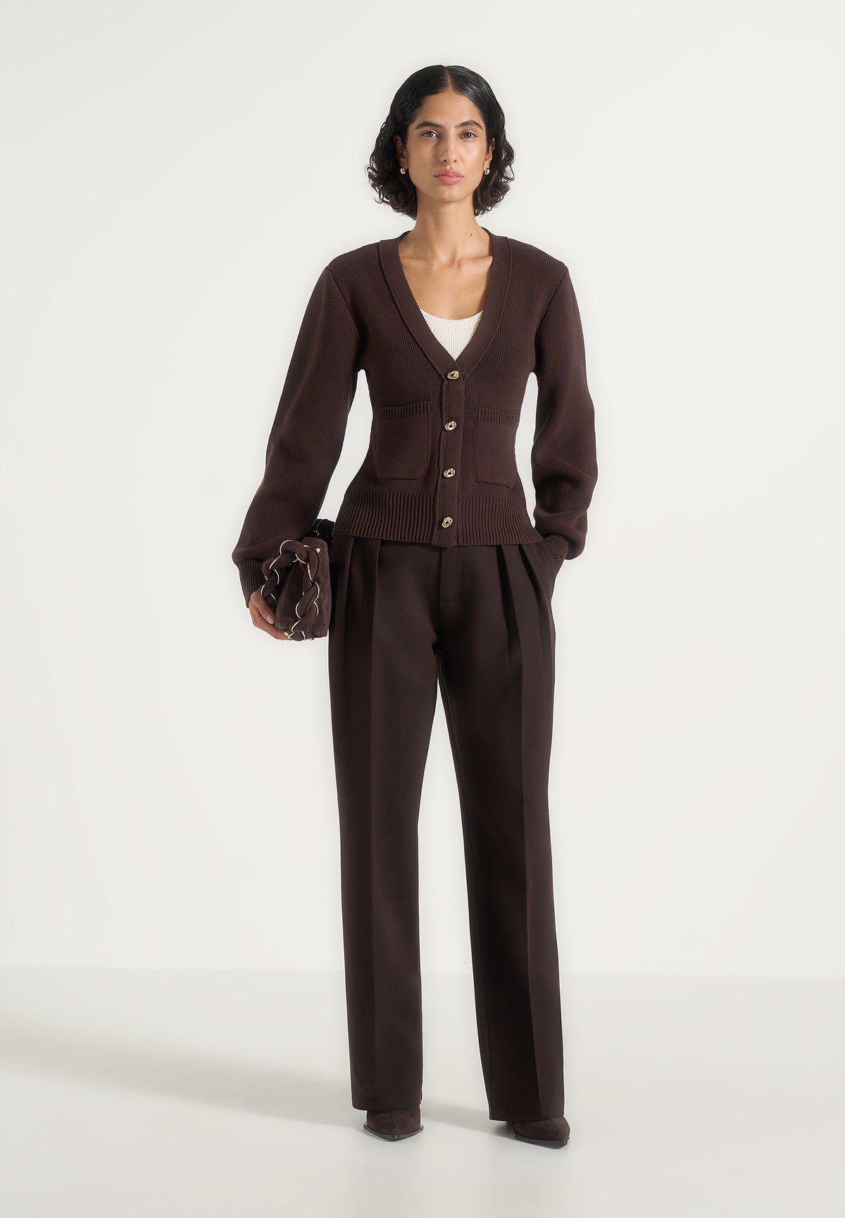 Tessa - Cinched Waist Cotton Cardigan - Brown