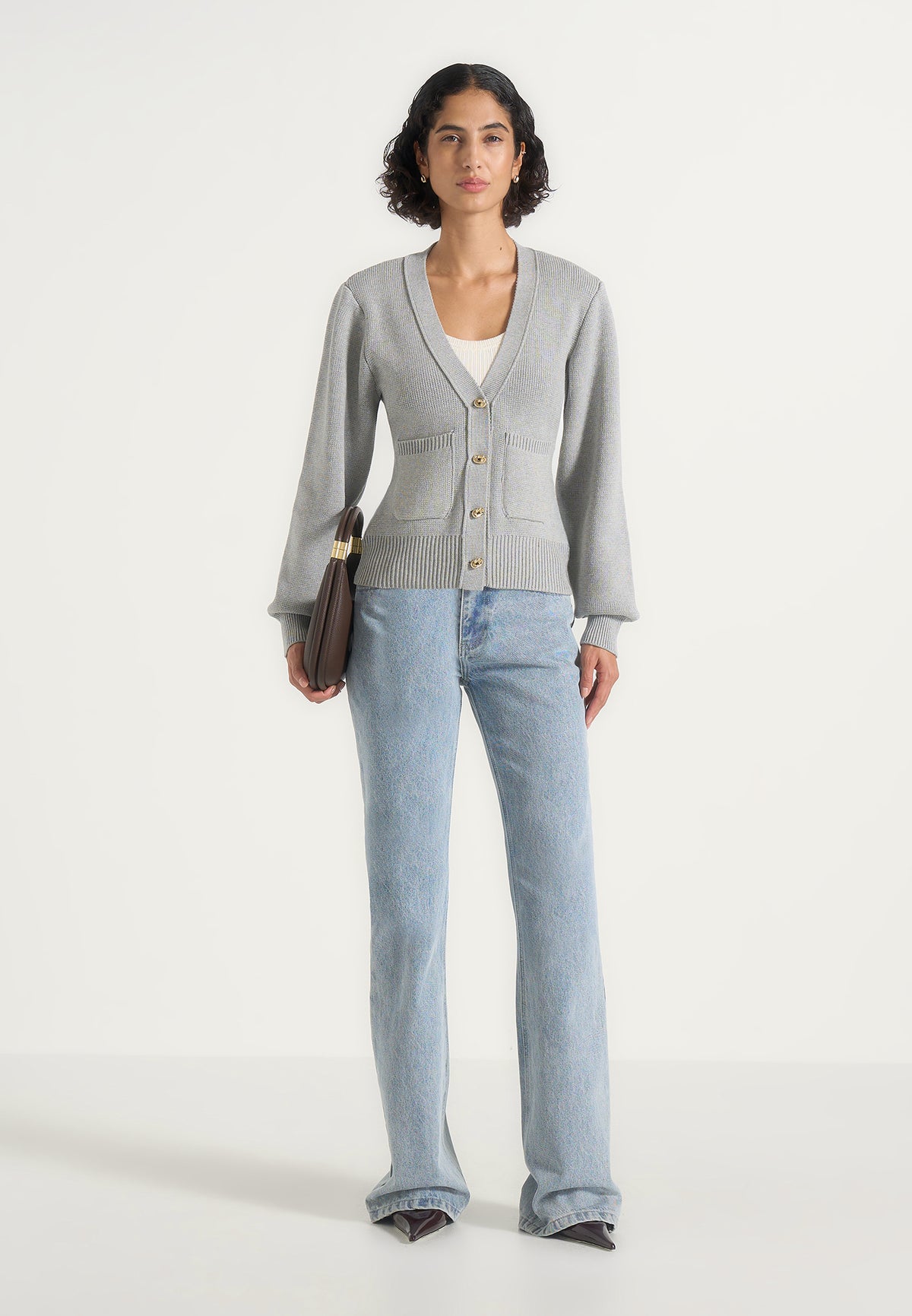 Tessa - Cinched Waist Cotton Cardigan - Grey