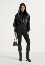 Tamsin - Hooded Cropped Leather Jacket With Belt - Black