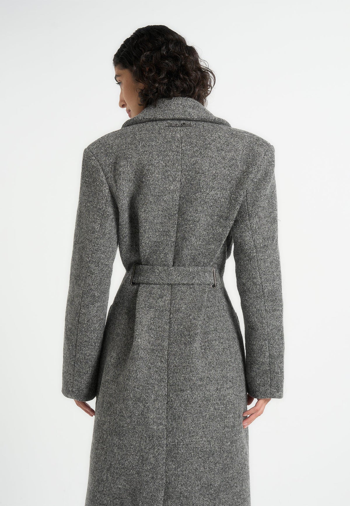 Jena - Wide Shoulder Wool Coat with Cinch Belt - Grey