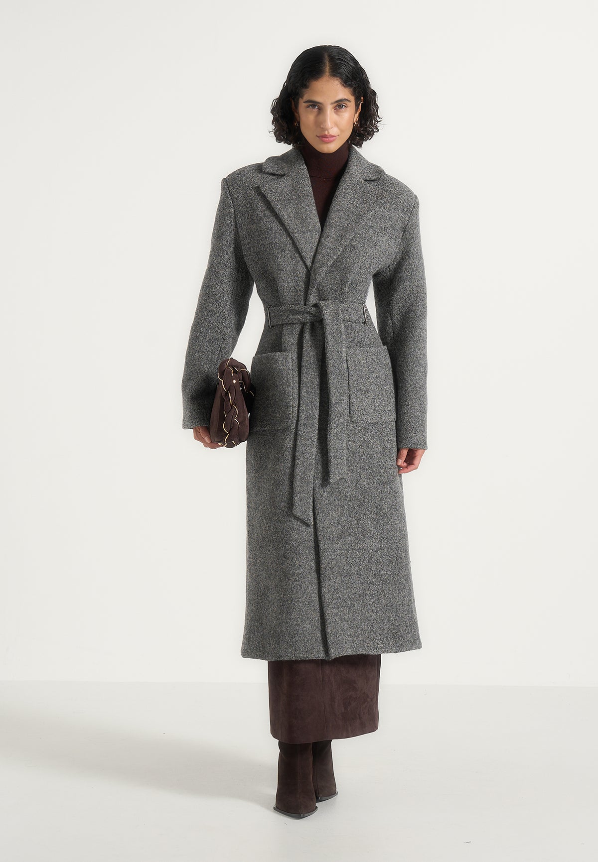 Jena - Wide Shoulder Wool Coat with Cinch Belt - Grey