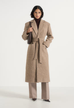 Jena - Wide Shoulder Wool Coat with Cinch Belt - Taupe