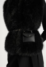 Greta - Belted Fur Wrap Jacket With Pouch - Black