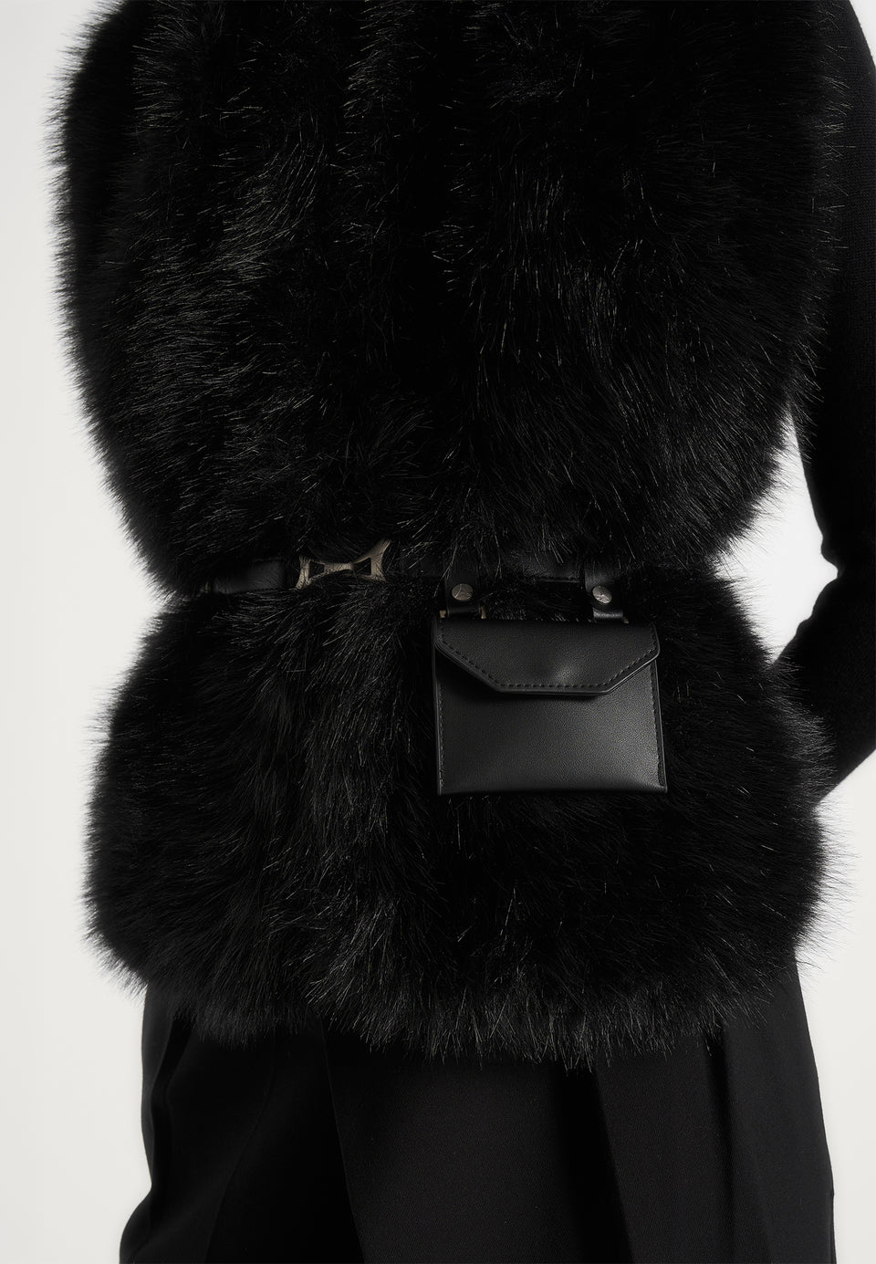 Greta - Belted Fur Wrap Jacket With Pouch - Black