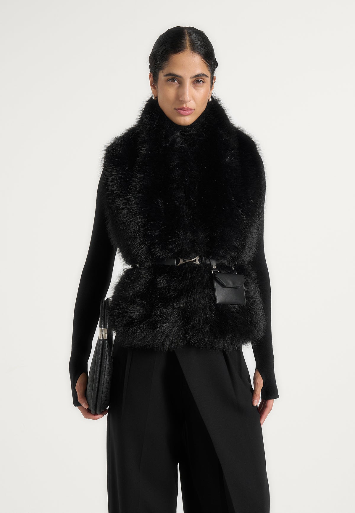 Greta - Belted Fur Wrap Jacket With Pouch - Black