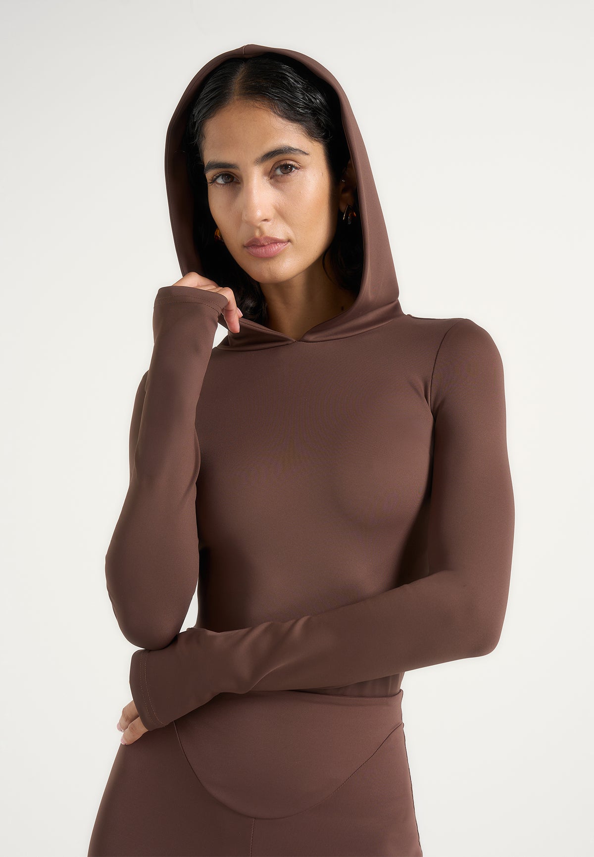 Elara - Hooded Long Sleeve Bodysuit - Brown