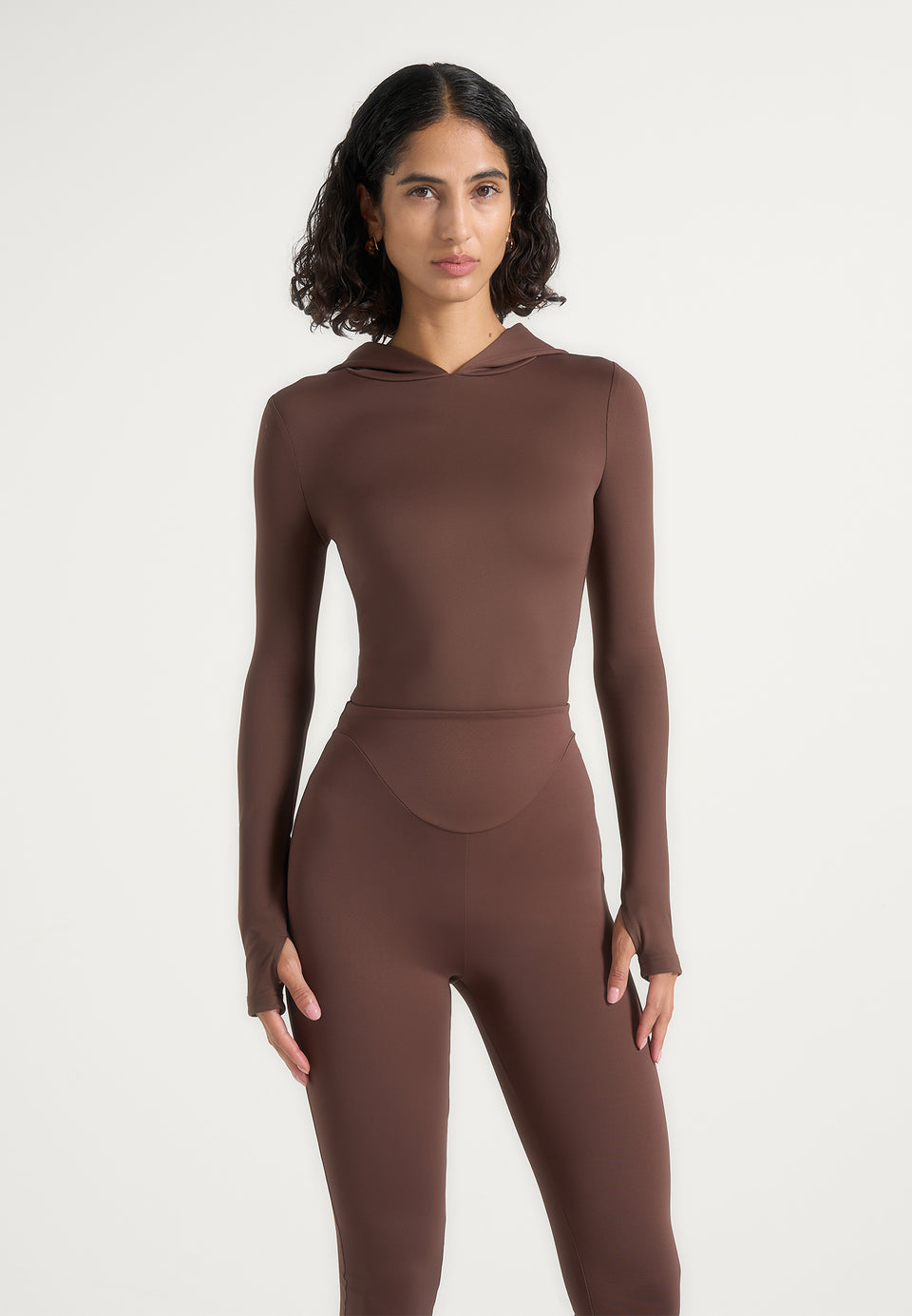 Elara - Hooded Long Sleeve Bodysuit - Brown