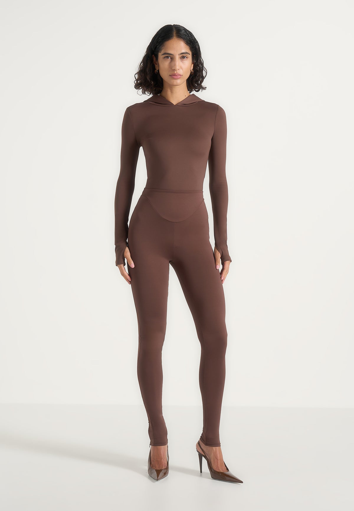 Elara - Hooded Long Sleeve Bodysuit - Brown