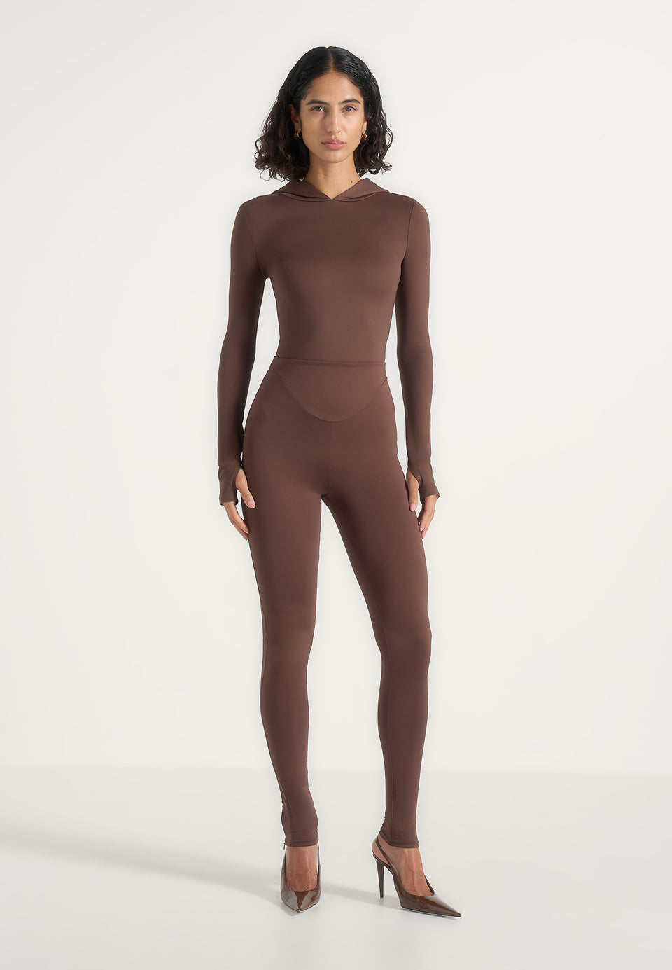 Elara - Hooded Long Sleeve Bodysuit - Brown
