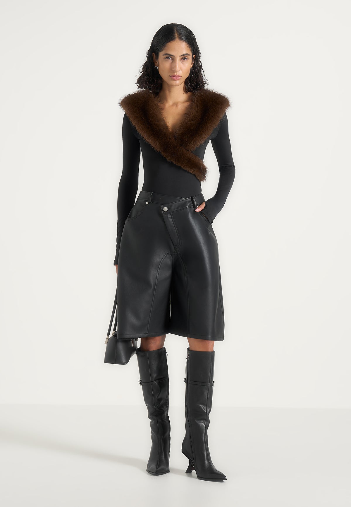 Libby - Fur Collar Long Sleeve Bodysuit - Black / Brown
