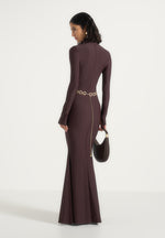 Angelica - High Neck Long Sleeve Maxi Dress With Chain Belt - Brown