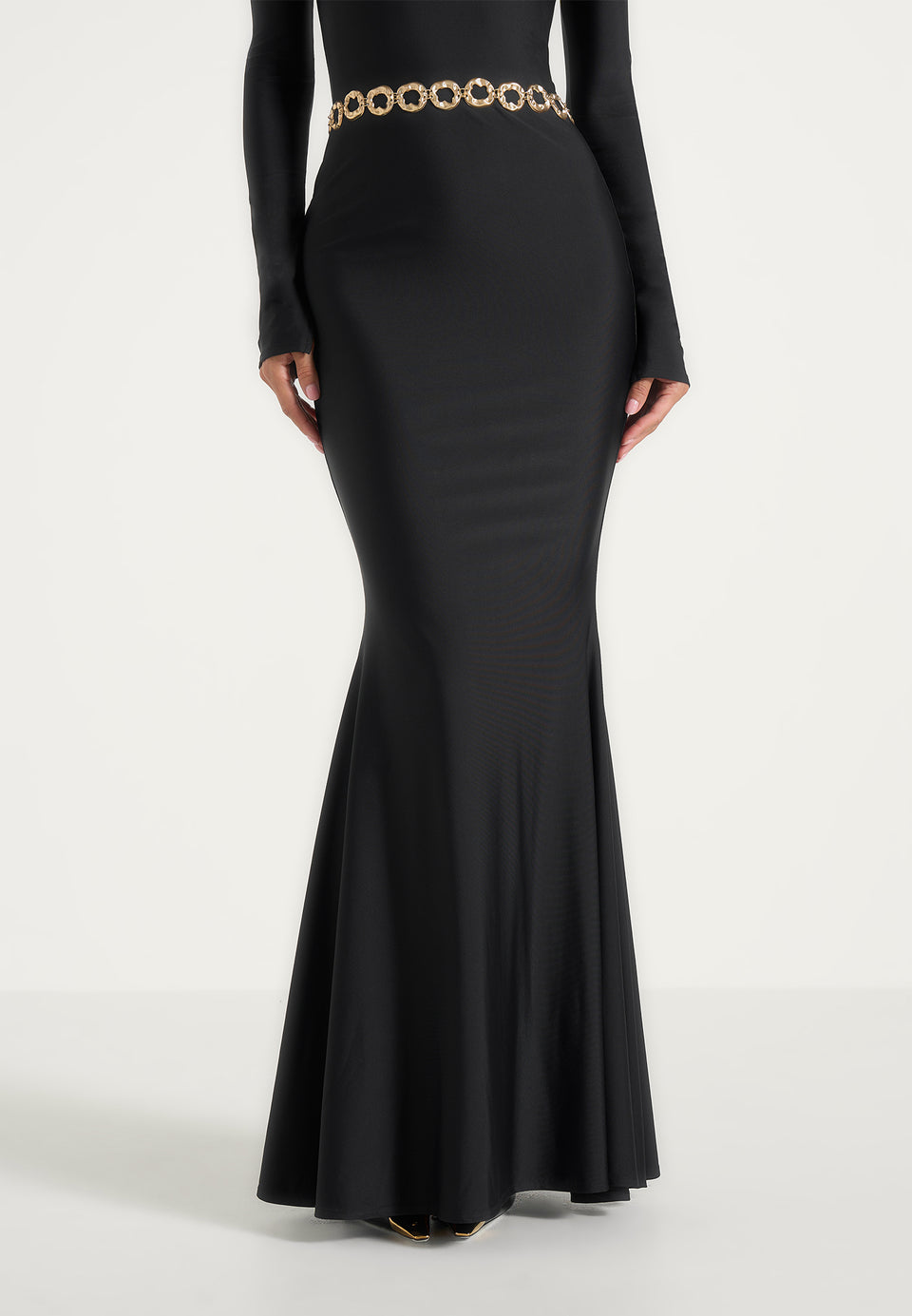 Angelica - High Neck Long Sleeve Maxi Dress With Chain Belt - Black