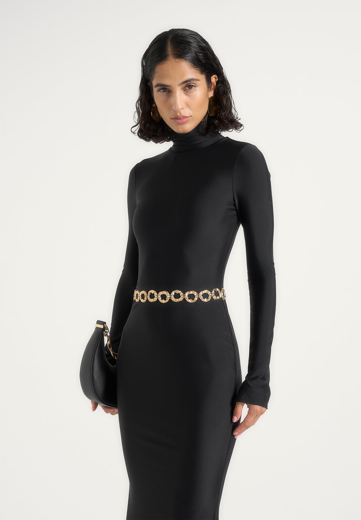 Angelica - High Neck Long Sleeve Maxi Dress With Chain Belt - Black