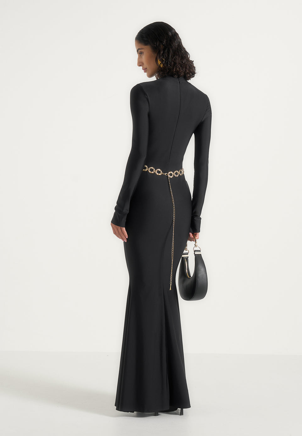 Angelica - High Neck Long Sleeve Maxi Dress With Chain Belt - Black