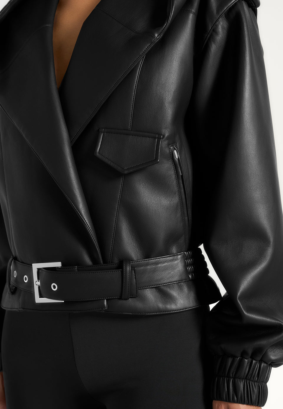 Tamsin - Hooded Cropped Leather Jacket With Belt - Black