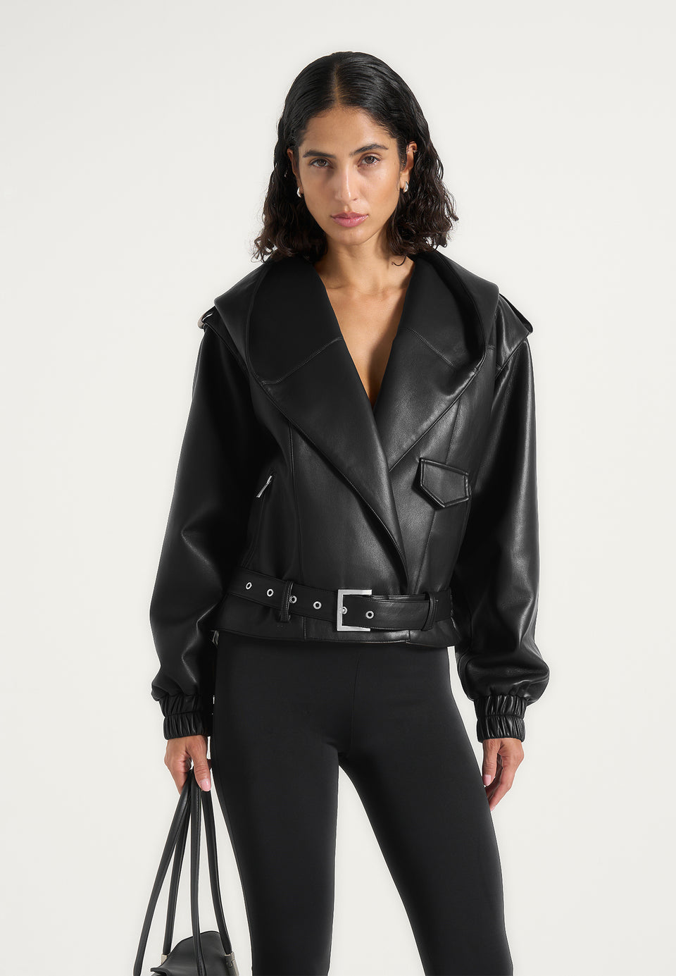 Tamsin - Hooded Cropped Leather Jacket With Belt - Black
