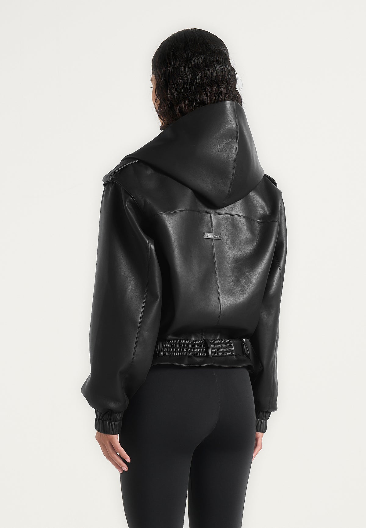 Tamsin - Hooded Cropped Leather Jacket With Belt - Black