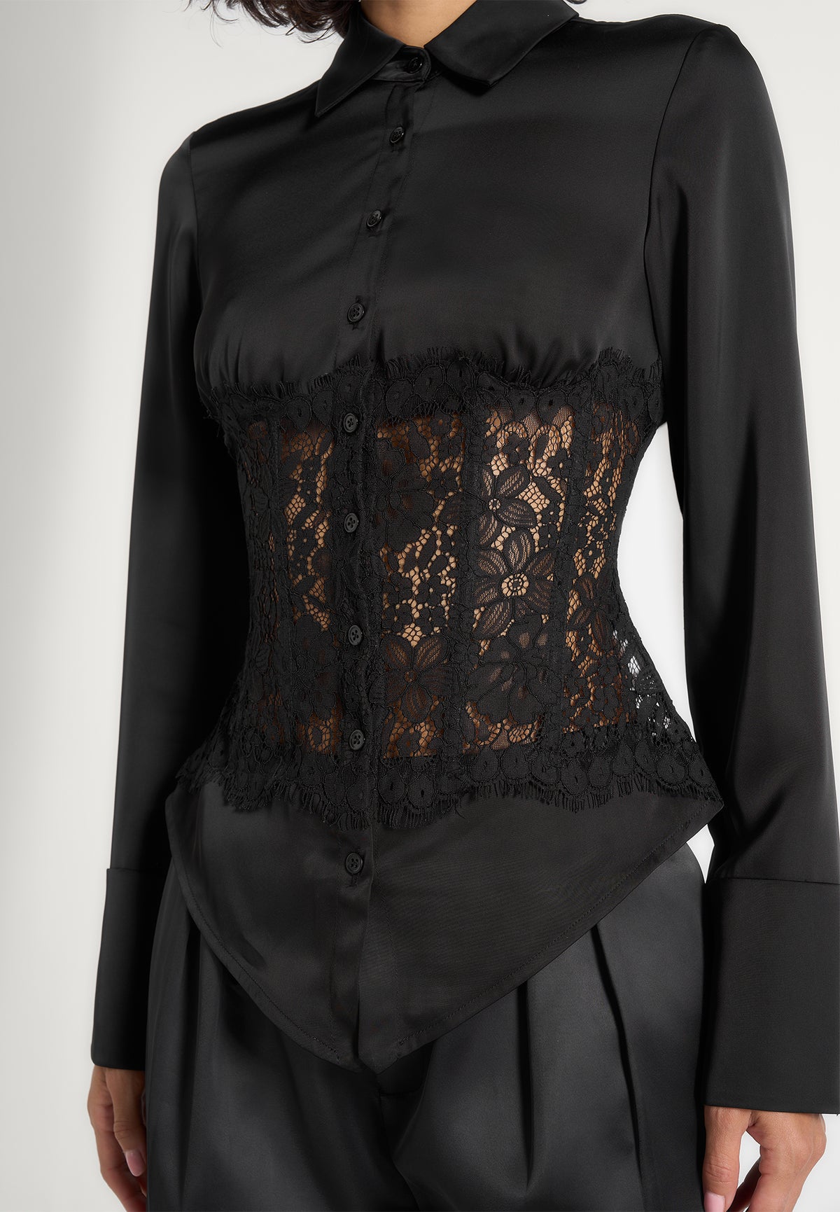 Ethel - Satin Shirt With Lace Corset Panel - Black