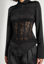 Ethel - Satin Shirt With Lace Corset Panel - Black