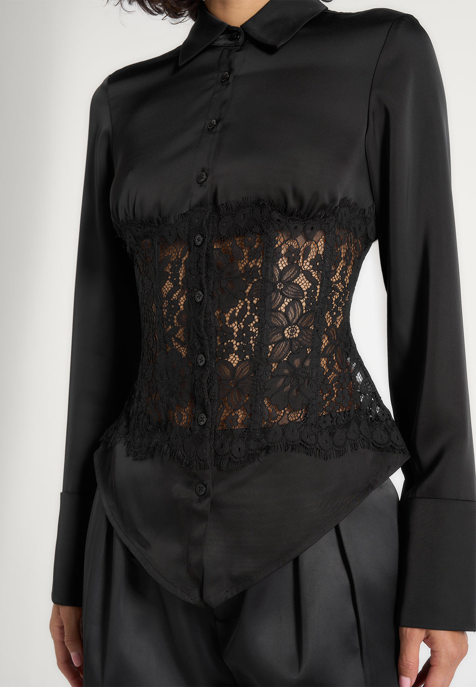 Ethel - Satin Shirt With Lace Corset Panel - Black