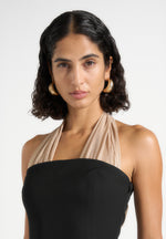 Fiore - Halter Mini Dress With Long Sash - Black / Champagne