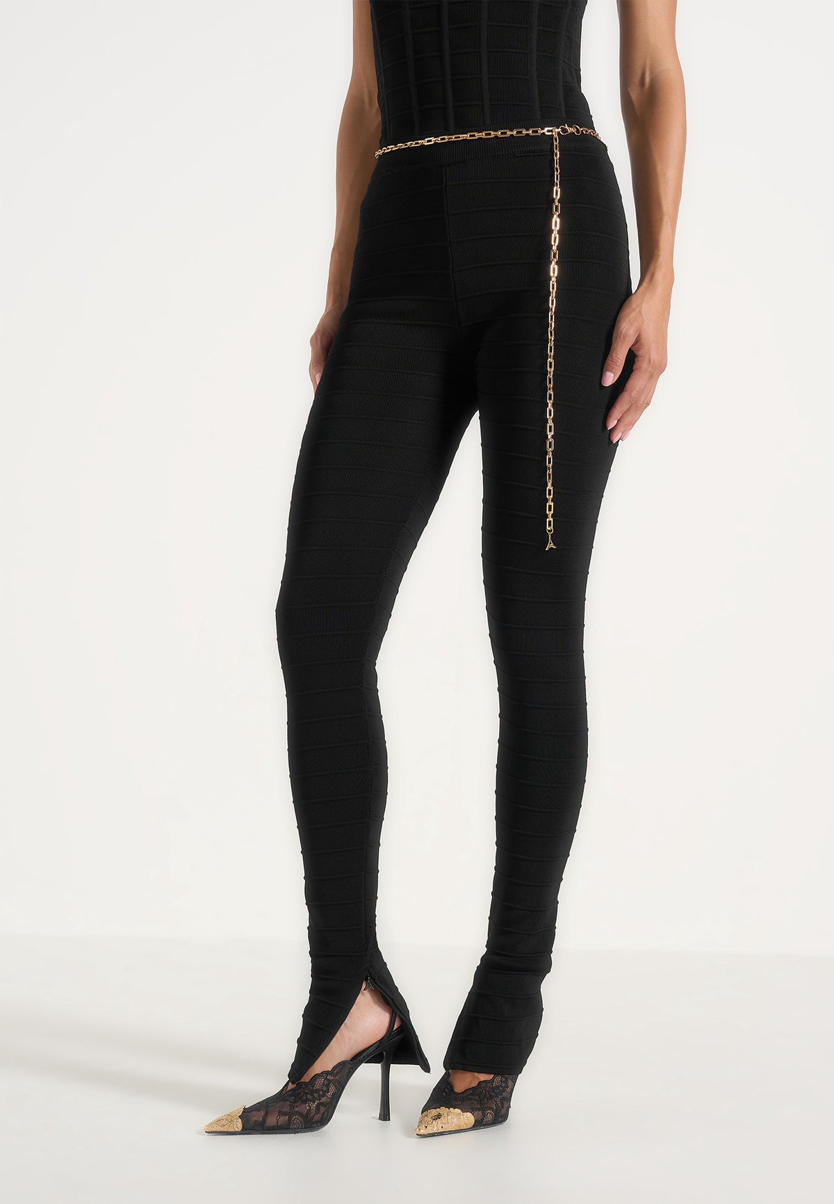 Leigh - Ottoman Bandage Knit Split Hem Leggings - Black