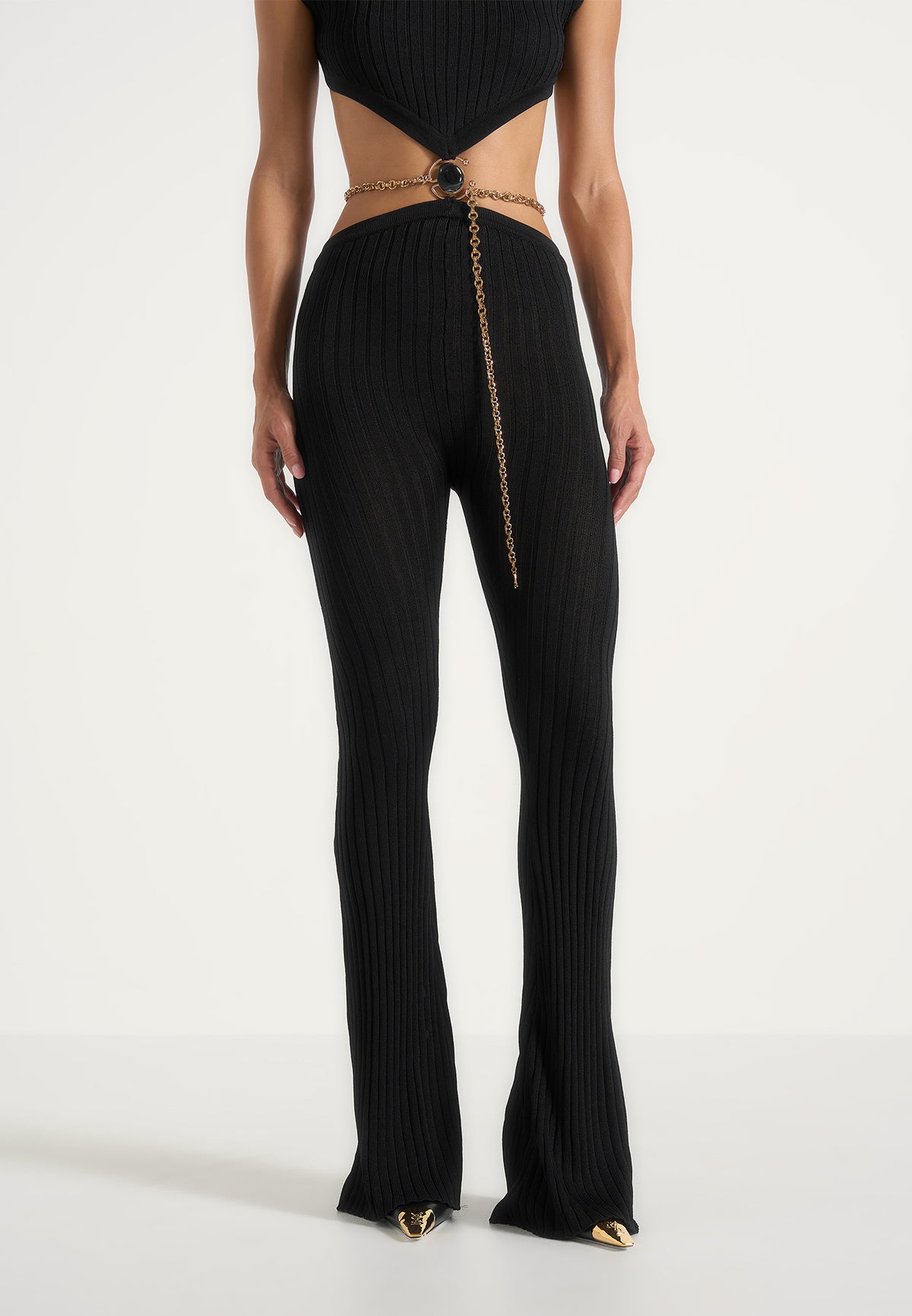 Zelda - Backless Rib Knit Jumpsuit With Hardware Chain Belt - Black