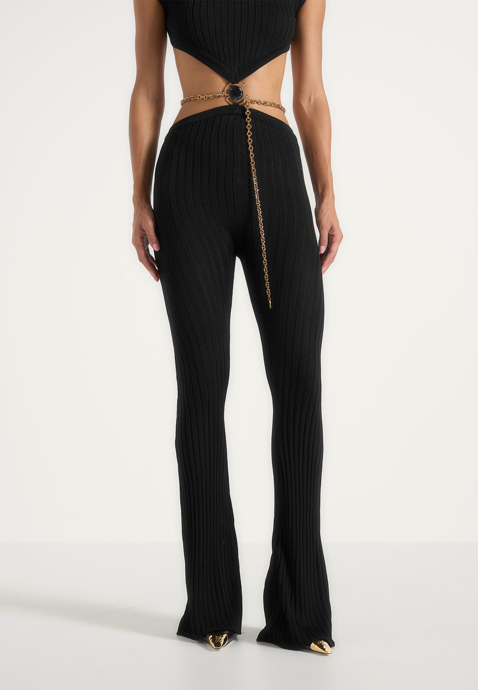 Zelda - Backless Rib Knit Jumpsuit With Hardware Chain Belt - Black