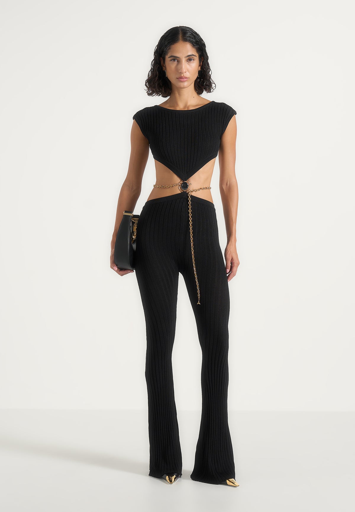 Zelda - Backless Rib Knit Jumpsuit With Hardware Chain Belt - Black