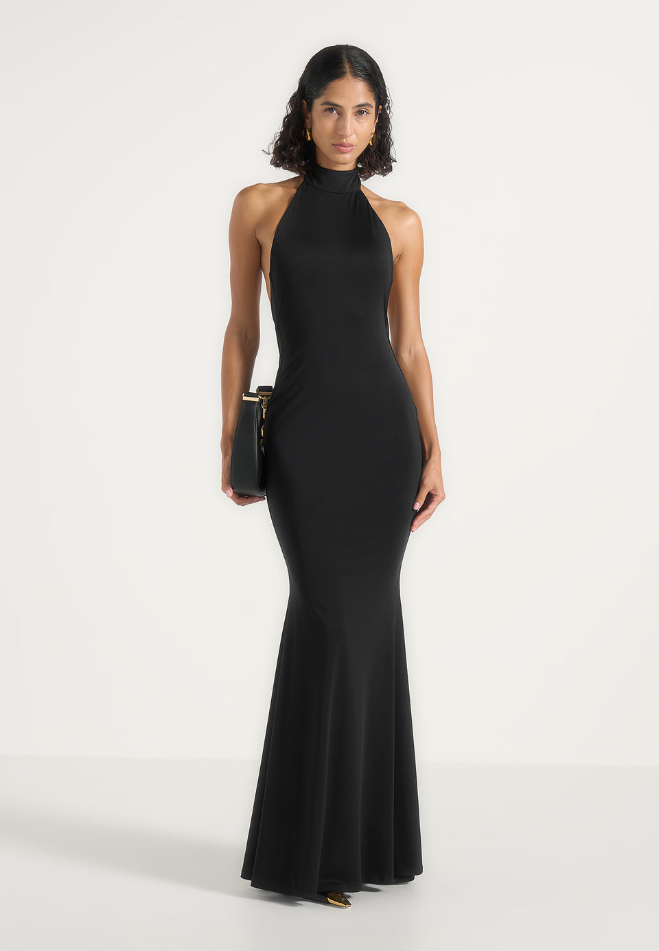 Ondine - Halter Fishtail Maxi Dress With Hardware Back Detail - Black