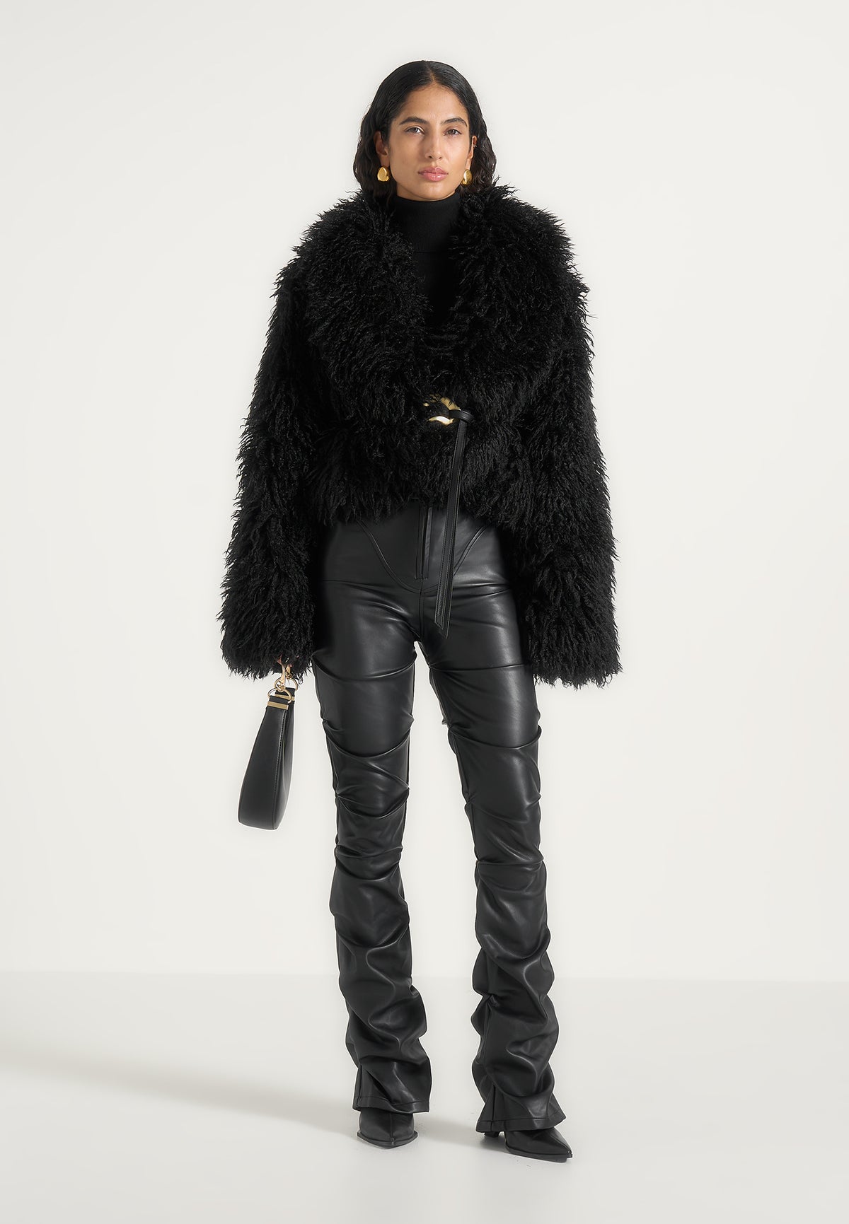 Nola - Mongolian Fur Shawl Jacket with Leather Belt - Black