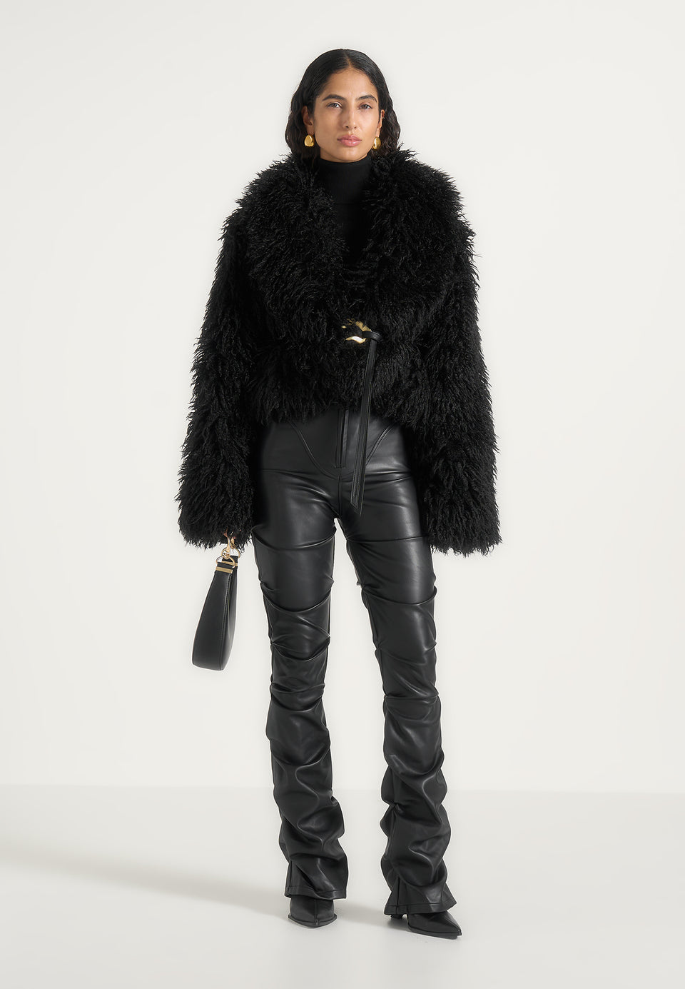 Nola - Mongolian Fur Shawl Jacket with Leather Belt - Black