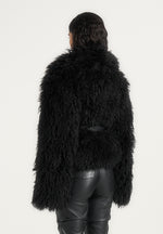Nola - Mongolian Fur Shawl Jacket with Leather Belt - Black