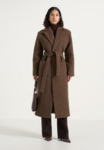 Jena - Wide Shoulder Wool Coat with Cinch Belt - Brown