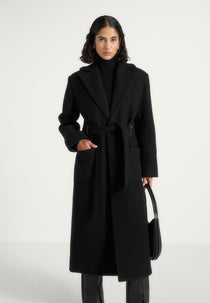 Jena - Wide Shoulder Wool Coat with Cinch Belt - Black