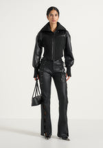 Amani - Leather Funnel Neck Contour Jacket - Black