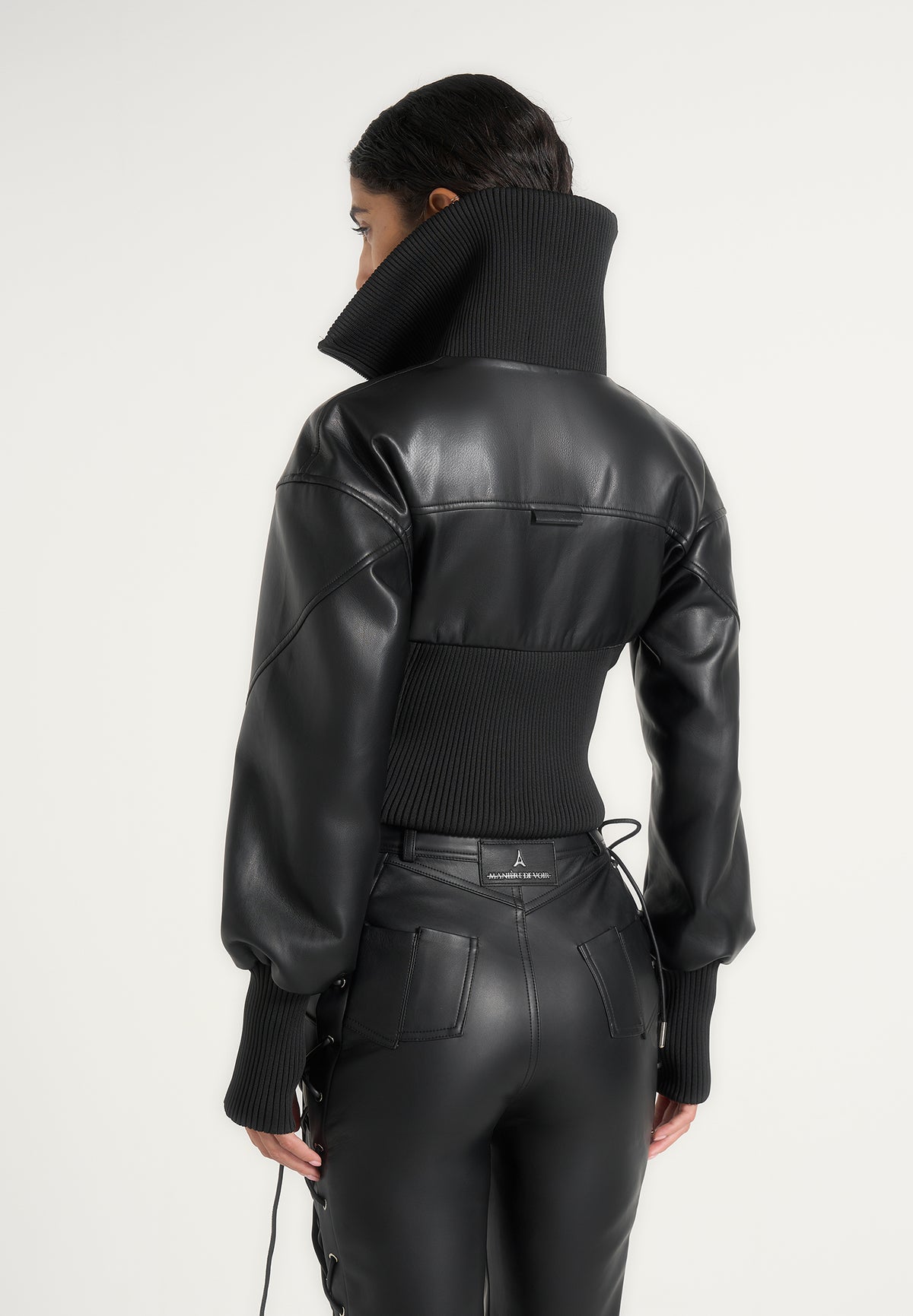 Amani - Leather Funnel Neck Contour Jacket - Black