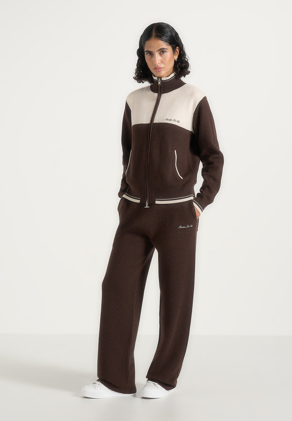 Max - Color Block Signature Knit Track Pants - Brown / Cream