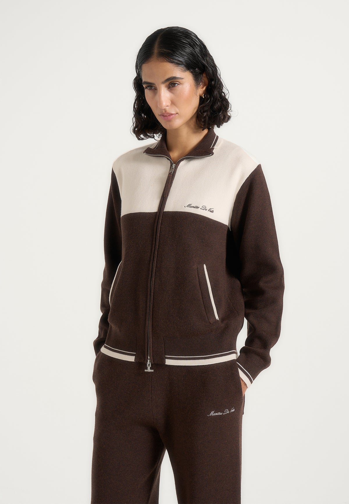 Mathieu - Color Block Signature Knit Jacket - Brown / Cream