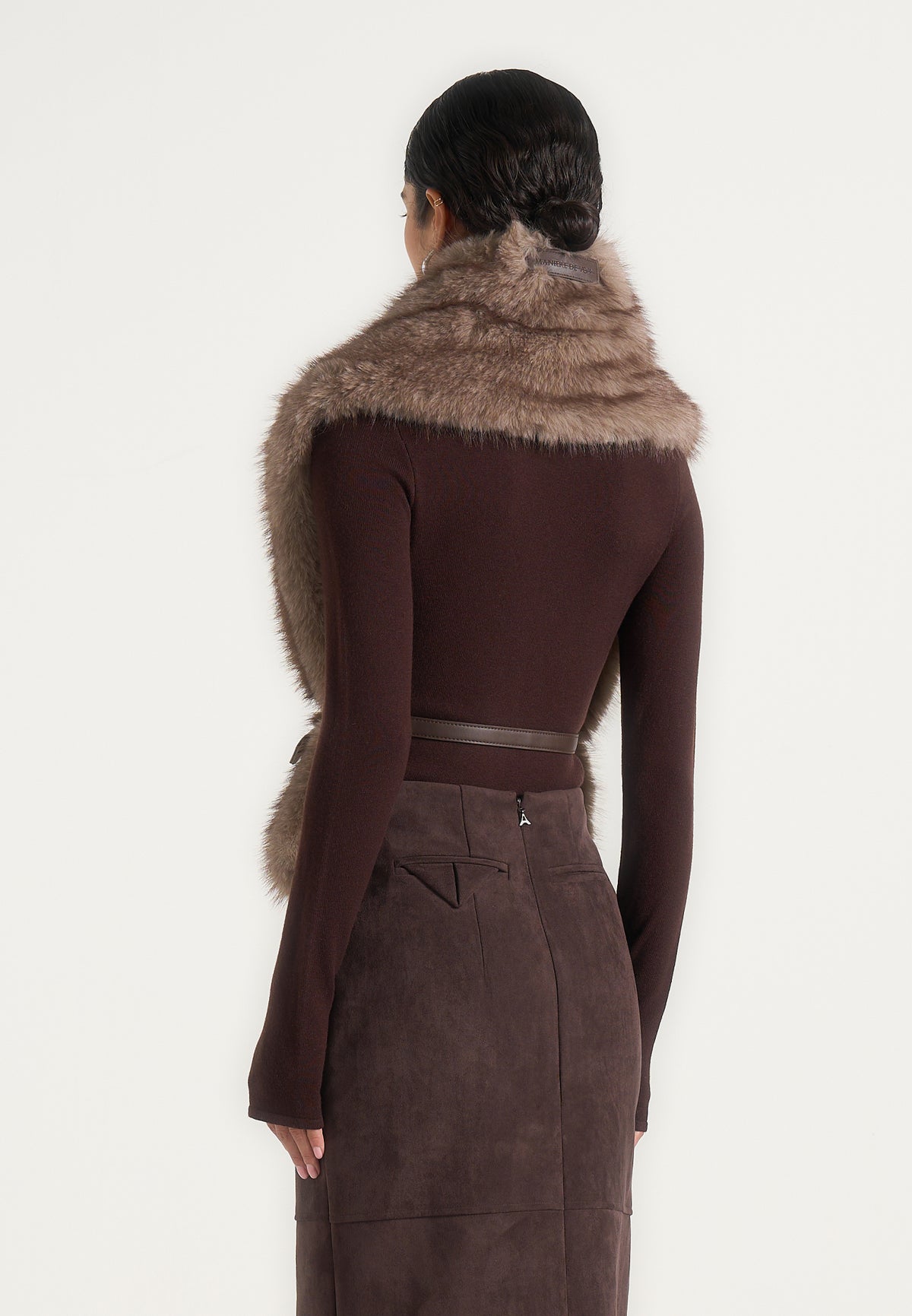 Greta - Belted Fur Wrap Jacket With Pouch - Taupe