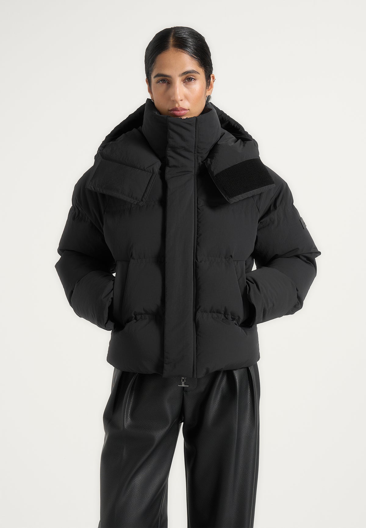 Bradley - Boxy Cropped Raglan Wrap Neck Puffer Jacket - Black