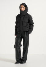 Bradley - Boxy Cropped Raglan Wrap Neck Puffer Jacket - Black