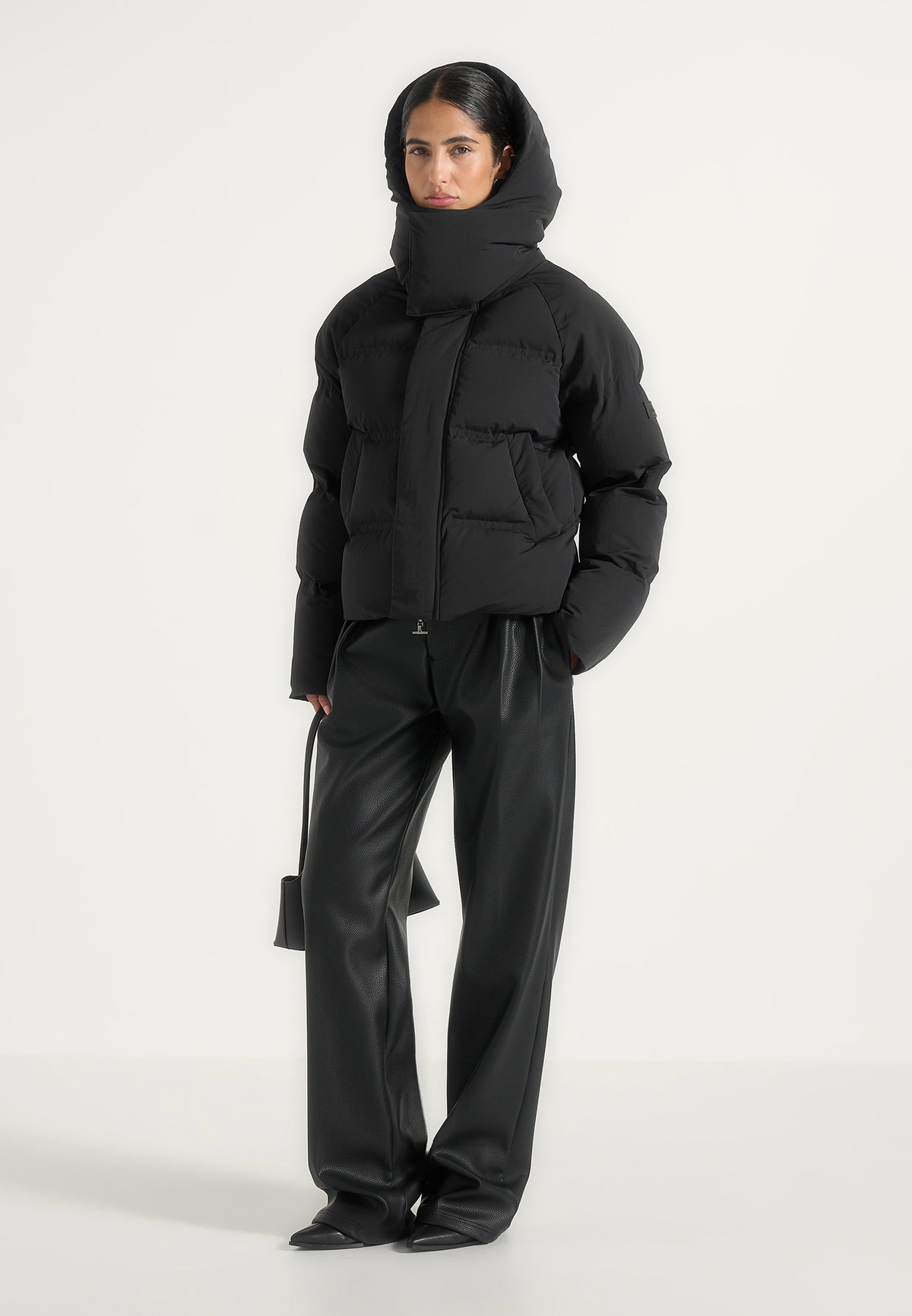 Bradley - Boxy Cropped Raglan Wrap Neck Puffer Jacket - Black