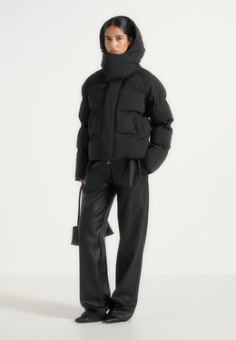 Bradley - Boxy Cropped Raglan Wrap Neck Puffer Jacket - Black