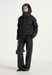 Bradley - Boxy Cropped Raglan Wrap Neck Puffer Jacket - Black
